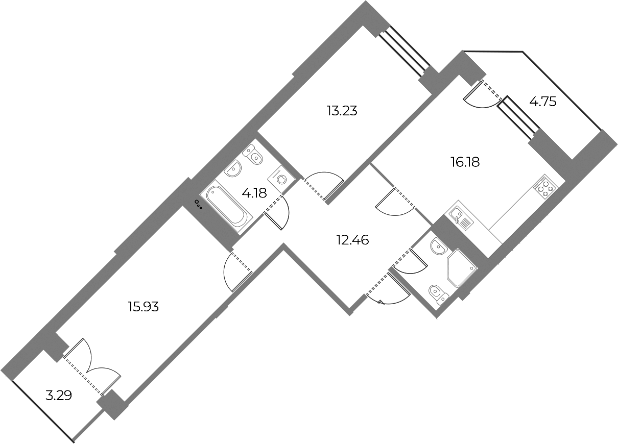 2-комнатная квартира 69.1 м², 17/18 эт., ЖК «Огни Залива»